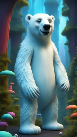 polar bear clown angel in artic jungle with weird alien towers, in the style of Pixar, expertly crafted in a whimsical and vibrant cartoon style. is masterfully rendered in a lifelike 3D design, which captivates viewers with there irresistible charm.