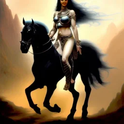 ultra detailed portrait of beautiful Dejah Thoris Riding a Black Horse and wearing plate armor, extremely detailed digital painting, in the style of Ken Kelly Luis Royo and A.J. Manzanedo and FRANK FRAZETTA and Earl Norem and fenghua zhong and ruan jia and jeremy lipking and peter mohrbacher, mystical colors, rim light, beautiful lighting, 8 k, stunning scene, raytracing