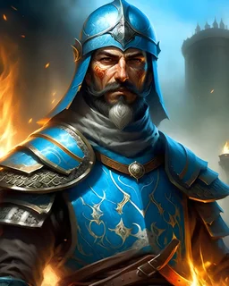 An iranian commander with flaming eyes with flaming light blue pupils with stubble An armor made of a mixture of steel and leather, worn by a strong commander with magical power stands atop a squire