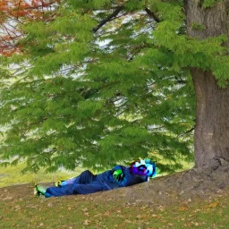 old man sleeping by maple tree