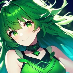 girl, masterpiece, best quality, volumetric lighting, dynamic pose, detailed outfit, perfect eyes, green hair, green eyes, messy hair, long hair, looking down, nervous smile,