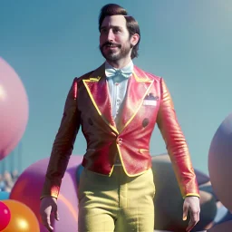 Ultra realistic circus scene. dancer man, waist up view, Wes Anderson style, happy, bubbles, party, confeti, highly detailed, concept art, unreal engine 5, god rays, ray tracing, RTX, lumen lighting, ultra detail, volumetric lighting, 3d, finely drawn, high definition, high resolution.