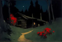 Night, cabin, pine trees, pathway, red flowers, edouard manet impressionism painting