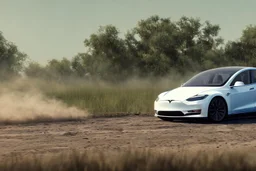 A Tesla 'Model S' is drifting at high speeds, at the Wetlands of Louisiana. (CINEMATIC, WIDE ANGLE LENS, PHOTO REAL)