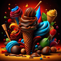 A social media advertisement for chocolate flavors used in ice cream, utilizing 3D technology and 8K resolution, with attractive colors.