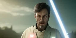 A jedi with his lightsaber, 8k, HD, cinematography, photorealistic, Cinematic, Color Grading, Ultra-Wide Angle, Depth of Field, hyper-detailed, beautifully color-coded, insane details, intricate details, beautifully color graded, Cinematic, Color Grading, Editorial Photography, Depth of Field, DOF, Tilt Blur, White Balance, 32k, Super-Resolution, Megapixel, ProPhoto RGB, VR