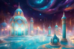cosmic town underwater turquoise color, domed houses with stained glass in bright, bright colors,turquoise color atmosphere , bright columns , rays of ligth and a lot gold dust of light, good definition 8k