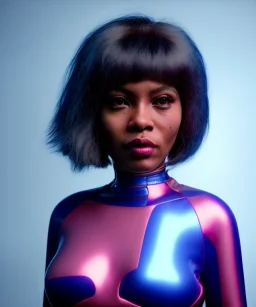 Artist, young tina turner, android woman, sweet, clean skin, short hair, circuits, ghost in the shell, latex coat, feather, cyber punk, neon, bamboo, blood, portrait, studio photo, unreal engine 5, soft color, 16 bit, god lights, ray tracing, RTX, lumen lighting, ultra deatail, volumetric lighting, 3d, finely drawn, hd.