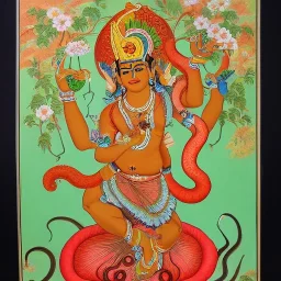 graceful indian god of flowers and fruits riding on an octopus tibetian painting style