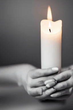 close up photography of female hands holding strong a very long burning wax candle, in a dark room, ambient occlusion, photorealistic