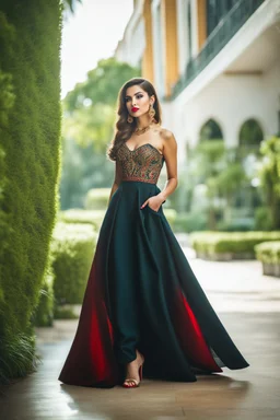 full length, young woman Portrait, detailed eyes, with spectacular red lips, Eyeliner "beautiful eye" with clear eyebrows, dress with a narrow waist, modest jewelry with subtle eyeliner, centered, symmetry, intricate, volumetric lighting, beautiful, rich deep colors masterpiece, sharp focus, ultra detailed, 8K, dslr, no crop, grand ballroom background, normal eyes