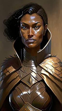 A tall human woman with tanned skin. Her face, marked by the years, always has a smirk on it, showing her superiority in the eyes of the others. She is dressed in leather armor and wears a cape.