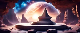 Meditation round podium , MAGIC rocky cliff, Palace carved into the rock, galaxy, infinity, space, sci-fi. , cosmos , space, for meditation , the most beautiful places ,