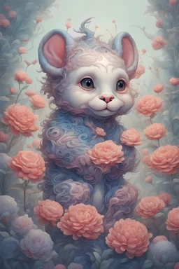 "Extremely Ultrarealistic Photorealistic cute creature holding a flower, by James Jean and Android Jones: Jeff Koons: Erin Hanson: Joe Fenton: Dan Mumford: professional photography, natural lighting, volumetric lighting maximalist photoillustration 8k resolution concept art intricately detailed, complex, elegant, expansive, fantastical:"