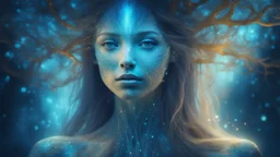 The photo is in a bioluminescent and bioluminescent art style depicting a divine tree woman, double exposure, Bioluminescent dewy translucent glowing skin, ethereal glowing eyes, long neck, perfect face in ultra-realistic details, blue hues, flowing hair, The composition imitates a cinematic film with dazzling, gold and silver lighting effects. Intricate details, sharp focus, crystal clear skin create high detail. 3d, 64k, high resolution, high detail, computer graphics, hyperrealism, f/16, 1/30