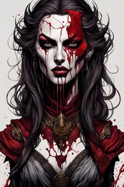 highly detailed concept illustration of an alternate reality Iberian female vampire anti heroine blood huntress, at the time of the 2nd Punic war ,maximalist, sharp focus, finely detailed facial features, highest resolution, in the styles of Alex Pardee, Denis Forkas , and Masahiro Ito, boldly inked, 48k, cinematic, UHD, coarse, gritty, and dusty textures