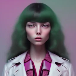 Beautiful latin girl, black Hair, green Eyes, , wearing a pink trench coat, Room, masterpiece, expert, insanely detailed, 8k resolution, cute big circular reflective eyes, cinematic smooth, intricate detail , soft smooth lighting, soft pastel colors, Eyes slightly Glowing, stay at sevilla