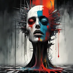 Autophagy body consuming itself, rule of thirds, by Gerald Scarfe, by Jarek Kubicki, asymmetric surrealism, volumetric lighting, existential dread, colorful, surrealism, primary colors, bar code art effect