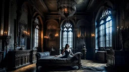 Old room with high ceiling, reclining female figure on vintage divan, luminescent skin contrasting with darkness, bats perched on antique chandeliers, cobwebs glowing with silver light, romantic Gothic atmosphere, Pre-Raphaelite style