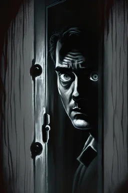 The man standing on the other side of the door, looking through the peephole with a suspicious expression on his face, modifiers: dark, Moody, shadowy, Low angle, film noir, Highly detailed, Digital painting, Artstation, Sharp focus, contrast, Contrasting colors, mystery, suspenseful, thriller, Expressionism, trending on deviantart, art by jock and sean phillips.