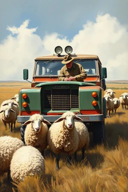 big (AUTOFARM) title at top ,landrover sheep, (((steampunk)))) man, working in field, style of australian painting from the 1970s