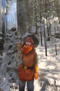 Red vested TF2 engineer with yellow hardhat taking a selfie at the forest