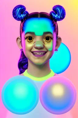 Rosalía artist, Ultra Realistic image, waist up portrait, perfect gold teeth, black eye line, sweet smile face, pigtails hair, spray line make up, geometric, gold, big rings piercing, led ornament, bubble latex coat, inflatable, cold, led lights, geometric, neon, pink, blue, gold, vibrant color, highly detailed, art stations, concept art, smooth, unreal engine 5, god rays, ray tracing, RTX, lumen lighting, ultra detail, volumetric lighting, 3d, finely drawn, high definition, high resolution.