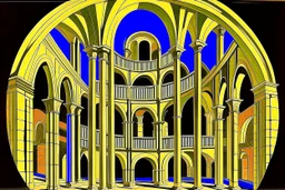 arches arranged in a semicircle, in the middle a slim round tower with an external spiral staircase, symmetrical, by artist "de Chirico",by artist by artist "Escher"