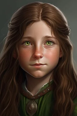 Portrait of female halfling with long Brown hair, green eyes, 40 years