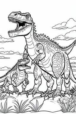 A coloring page, white background I scene of a T-Rex family greeting the morning sun together, with the parents and offspring basking in the warm sunlight as they begin their day. ink drawing clipart, simple line illustrations, colored