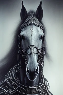 horse by h r Giger, Tim burton, dystopian surrealism, dark horror fantasy, hdr, artstation intricate details, demonic, dark art, dark noir, neoclassical gothic horror