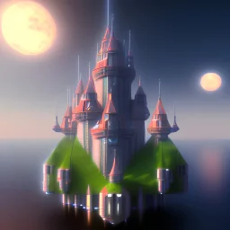 3D render of a floating futuristic castle in a clear sky