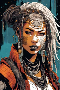 front facing portrait illustration of a grunge armored female , beaded dreadlock hair, cyberpunk vampire mercenary wearing an ancient ornate japanese kitsune mask , and shemagh, highly detailed with gritty post apocalyptic textures, caught in a cosmic maelstrom of swirling gases , finely detailed facial features and hair, in the graphic novel style of Bill Sienkiewicz, and Jean Giraud Moebius, ink wash and watercolor with realistic light and shadow