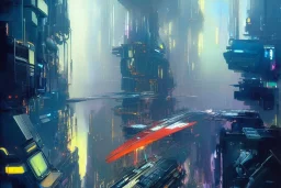 Art by John Berkey and John Harris and Craig Mullins, futuristic cyberpunk city, high rise, smooth, sharp focus, hyper detailed, digital painting, elegant, centered, detailed, neon signs, volumetric lightning, brutalist architecture, 8k, flying hover cars