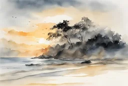 In the sweet by and by, We shall meet on that beautiful shore; eternity's shore. Where the sky and water meet, Where the waves grow sweet, A soft-focus image of the golden sunset casting a warm glow, created in inkwash and watercolor, art style of Olivier Coipel, HACCAN, illustrator 由良 Yura, 山田章博 Yamada Akihiro, 四々九 Yoshiku, GANMO＃