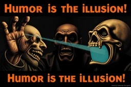 "Humor is the illusion!" propaganda poster in the style of Rembrandt, Escher and Giger