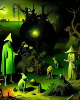 some mysterious figures, odd background, cinematic, Hieronymus Bosch, Max Ernst, vegetal life, rotten, ambient light, cry, ritual