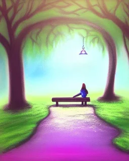 park mystical dream, park bench, man, woman, child, dog, trees, path, bird, sunshine, mystical, fantasy, romanticism, pastel colors, daylight, daytime, acrylic painting, detailed, soft focus,