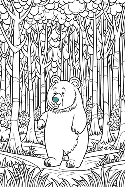 coloring page, bear in the woods, cartoon style, thick lines, low detail, no shading