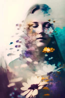 fotografia triple exposicion de una mujer entre flores salvajes estilo magico colores suaves