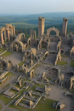 Destroyed City, medieval ruins, debris, stone, breched, brocken, Perspektiv from the sky,
