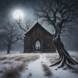 Hyper Realistic Haunted Chapel between a Field & dry old tree at heavy snowfall night with a headless man