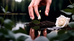 a young woman's hand planted a white rose stem in the ground, in the background a lake, some green trees, ultra detailed, sharp focus, perfect hands with five fingers, perfect photo