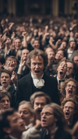 cinematic portrait shot of people going crazy over Beethoven at a symphony