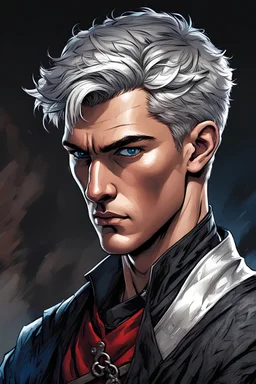 Male figure with olive skin tone, sporting short silver hair, resembling a perfect blend of Alan Ritchson and Jack Reacher, intense blue eyes, dressed in black and red medieval attire, graphic novel style, digital art, characterized by strong ink lines, high contrast, dynamic poses, richly textured fabrics, subtle shading, dramatic lighting, ultra detailed.