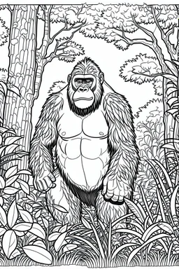 Outline art, no shading, gorilla full body in the garden, cartoon style, black and white, low detail, --ar 9:11