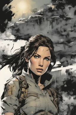create a young female adventurer(Lara Croft), comic book art style of Yoji Shinkawa, Frank frazetta, Mike Mignola, Bill Sienkiewicz, Brian Martel, Jennifer Wildes and Jim Sanders highly detailed facial features, grainy, gritty textures, foreboding, dramatic otherworldly and ethereal lighting