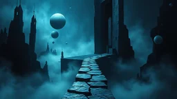 passage over nothingness, surreal, dark and cold abstract artwork dominated by deep blue, icy cyan, charcoal black and muted steel-grey tones. An narrow passageway emerges from an abstract distorted weird landscape, surrounded by thick fog and drifting mist. The space feels nightmare, alien and unsettling, with floating circles and balls geometric forms, fragmented architecture, perspective. At the center of the composition cracked stone way over abyss