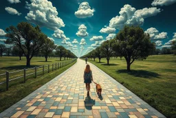 create a surreal mosaic walkway inspired by René Magritte, realistic textures combined with impossible elements, blonde girl walking her dog under a sky of mosaic clouds shaped like people, mysterious and poetic --ar 3:2 --v 7 --style raw