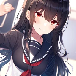 Clear focus, high resolution, black long fluffy hair, red eyes, wearing a sailor uniform, doing a evil smile, Style Video Game